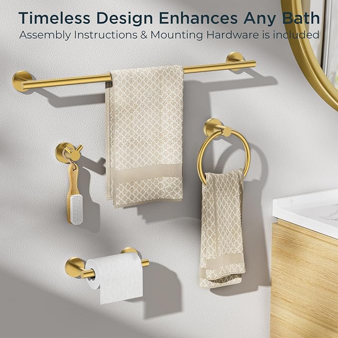 FORIOUS Bathroom Accessories, 4-Piece Bathroom Hardware Set - 24" Towel Bar | Brushed Gold | Towel Hooks, Towel Racks for Bathroom, Toilet Paper Holder Wall Mounted & Towel Ring | SUS304 Stainless Steel