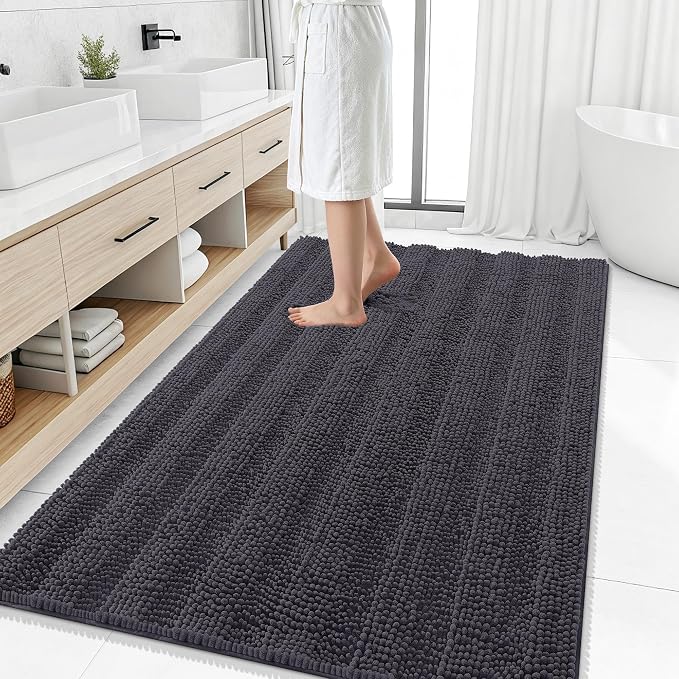 Smiry Thick Chenille Large Bathroom Runner Rugs 50x30, Bath Mat, Dark Grey | Quick‑Dry & Machine Washable, Non‑Slip Bath Carpet, Soft Striped Bath Rugs for Tub & Shower, Modern Home Decor Accessories