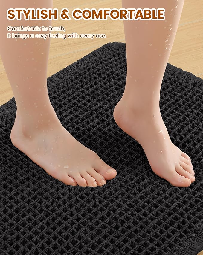 Smiry Waffle Bath Mat 30X20, Extra Soft Absorbent Bathroom Rugs, Black | Non Slip Machine Washable Quick Dry Bath Rugs for Bathroom Floor, Tub, Shower, Home Decor Accessories