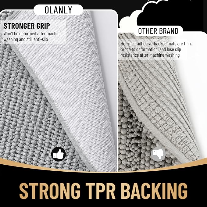 OLANLY Thick Chenille Bathroom Runner Rugs Mats 59x20, Light Grey | Soft Absorbent Bath Rugs, Rubber Backing, Machine Wash Dry, Bath Mats for Bathroom, Tub and Shower, Home Decor Accessories