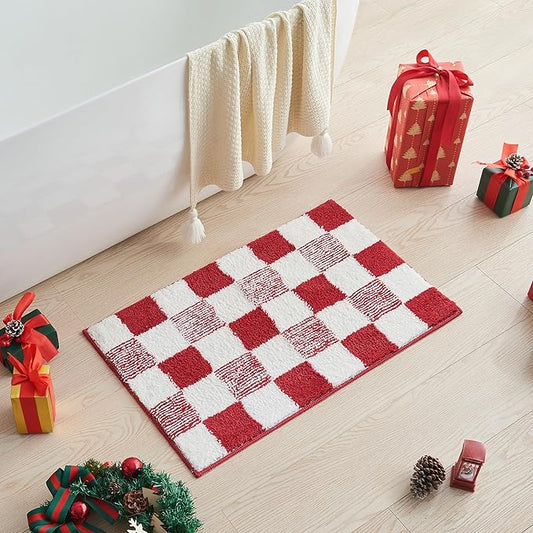 CozeCube Christmas Red Checkered Bath Mat 32"x20" Non Slip Washable Rug | For Bathroom Non Slip, Fluffy Absorbent Microfiber Bath Mats Machine Wash, Stylish Cute Aesthetic Bathroom Rugs