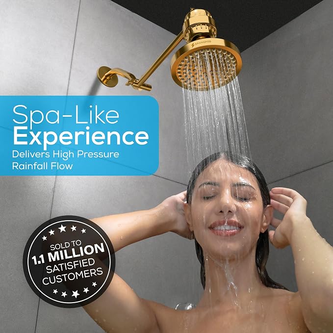 SparkPod Rain Shower Head, 6 Inch Round, Egyptian Gold Finish | High Pressure Shower Heads, 90 Nozzles, Adjustable Showerhead, No Tools Needed, Universal Connection
