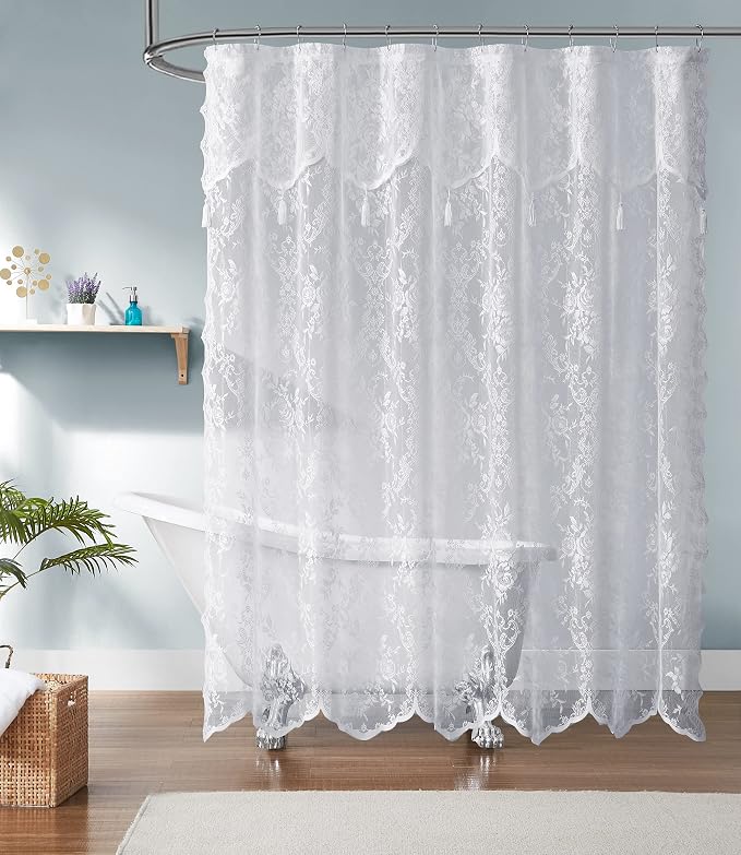 Warm Home Designs White Stall Shower Curtain with Valance. LA White 36 | Small White Shower Curtain 36 x 72 Inches with Attached Valance & Tassels. Luxury Lace Stall Shower Curtain for Bathroom.