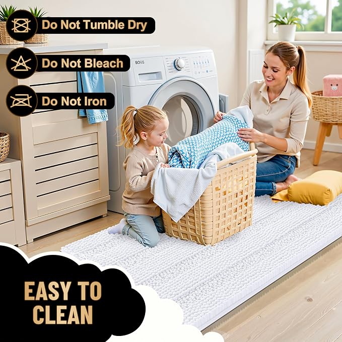 OLANLY Thick Small Bathroom Rugs 24x16, Soft Chenille Bath Rugs, White | Rubber Backing, Machine Wash, Extra Absorbent Striped Bath Mats for Bathroom Floor, Tub and Shower, Home Decor Accessories