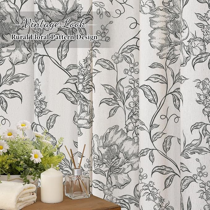 Black Boho Linen Shower Curtain, Farmhouse Floral for Bathroom | Botanical floral print. Rustic farmhouse boho decor. Durable linen blend fabric. Machine washable for easy care. 72x84