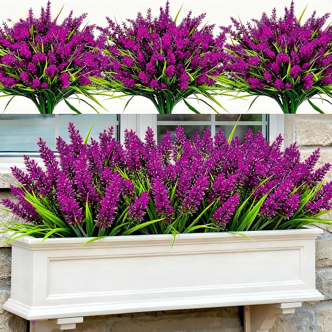 Geegoods 24 Bundles Artificial Lavender Flowers Outdoor, Fuchsia | UV Resistant Faux Plants with Monkey Grass, Realistic Plastic Flowers for Garden Porch Window Box Patio Hanging Planter Decor