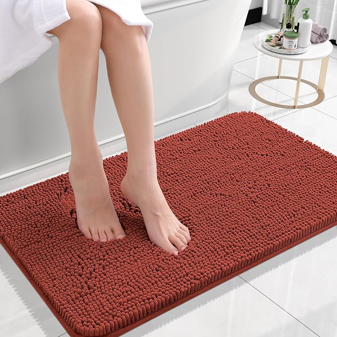 OLANLY Small Bathroom Rugs 24x16, Soft Absorbent Chenille Bath Rugs, Rubber Backing Quick Dry, Machine Washable Bath Mats for Bathroom Floor, Tub and Shower, Home Decor Accessories, Rustic Terracotta | Rustic Terracotta, Quick-Drying Rubber Backing, Wa...