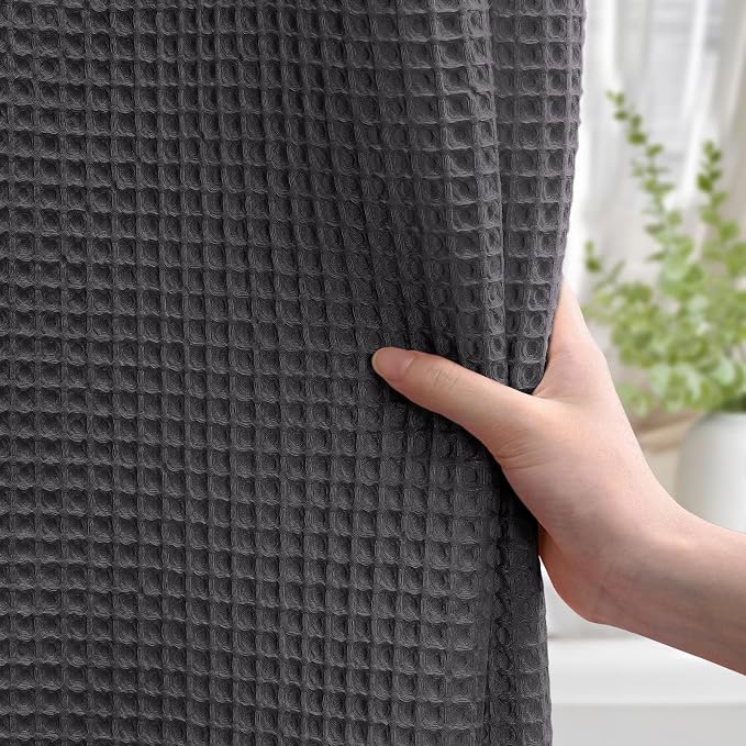 Waffle Weave Shower Curtain Heavyweight Cotton Fabric Charcoal Gray 72Wx75L | Soft Cotton Cloth,3D Square Truely Waffle,Washable, Hotel Luxury Spa, Shower Curtains for Narrow Bathroom 12 Plastic Hooks