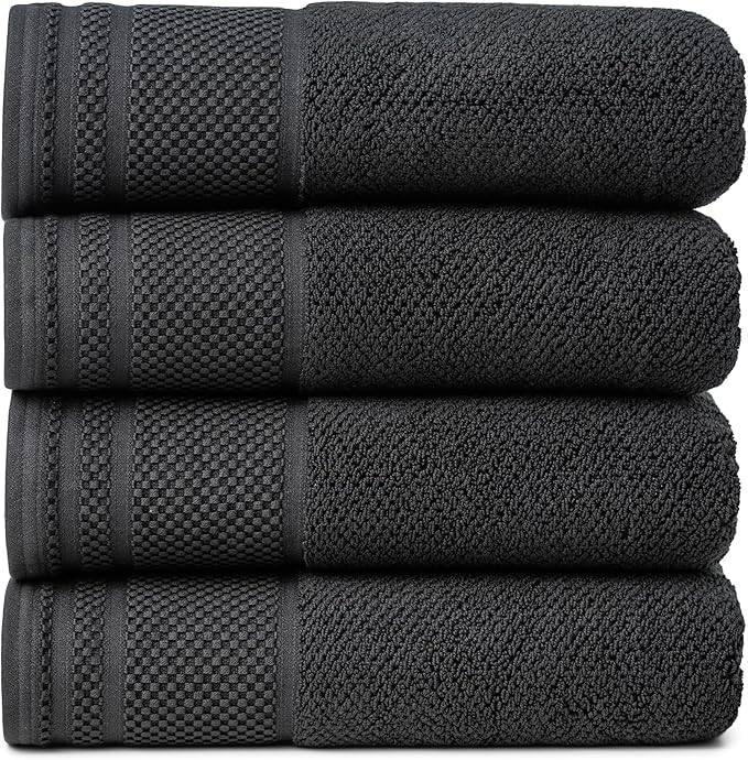 Texere 100% Organic Cotton Rice Weave Jacquard 700 GSM Luxury Bath Towel Sets - Ultra Soft and Absorbent Hotel and Spa Quality (Rice Weave, Black, 4 Bath Towels)