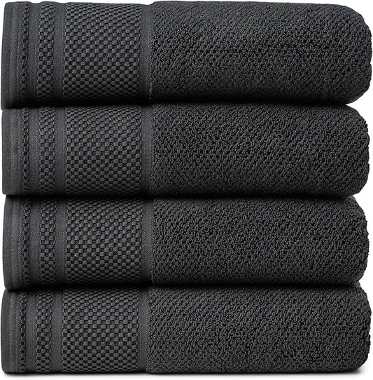 Texere 100% Organic Cotton Rice Weave Jacquard 700 GSM Luxury Bath Towel Sets - Ultra Soft and Absorbent Hotel and Spa Quality (Rice Weave, Black, 4 Bath Towels)