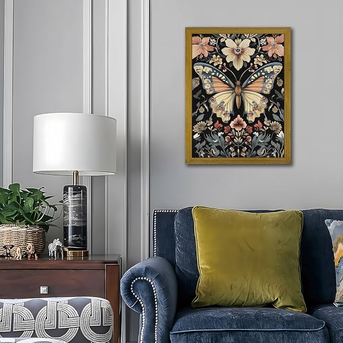 Hand Drawn Sandstone Nature Floral Wall Art, Framed Vintage 3D Textured Butterfly Wall Decor, Gothic Style Flower Insect Print Painting for Living Room Bedroom Home Decor 12x16 inch