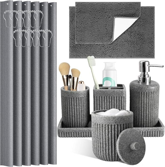 XLHOMO 8-Piece Grey Bathroom Sets with Shower Curtain and Rugs, Resin Bathroom Accessories Sets Complete with Soap Dispenser, Toothbrush Holder, Tumbler & Apothecary Jars Bathroom Essentials