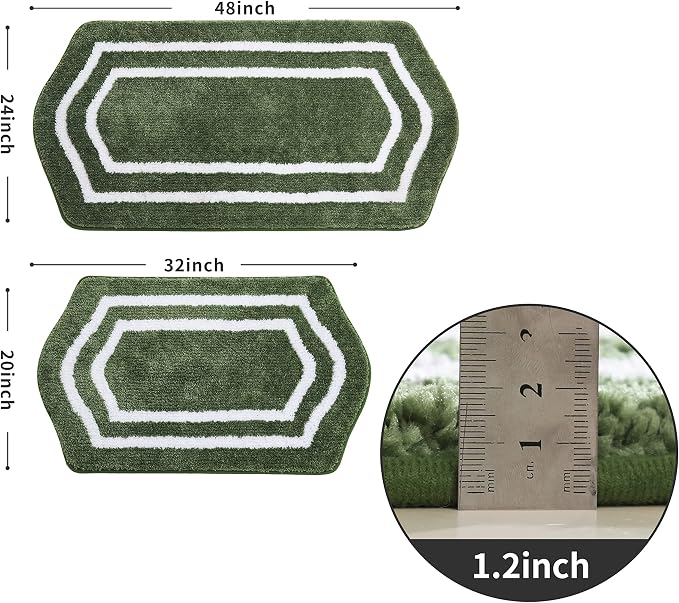 COSY HOMEER Non-Slip Bath Mats Extra Thick Absorbent Plush Washable | 20"x32"+24"x48" White/Green Non-Slip Extra Thick Plush Absorbent Machine Washable Bath Mats Bathroom Rugs Floor Tub Shower