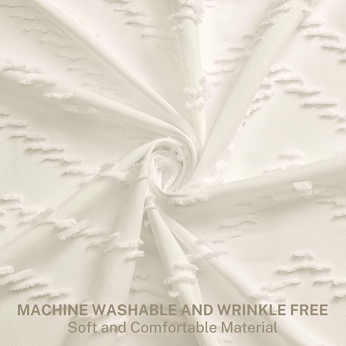 Siiluminisoy Extra Long Cream Shower Curtain with Tassel, Woven Fabric 90 in, Tufted Chevron Striped, 72 x 90, Modern Chic Textured Minimalist Bathroom