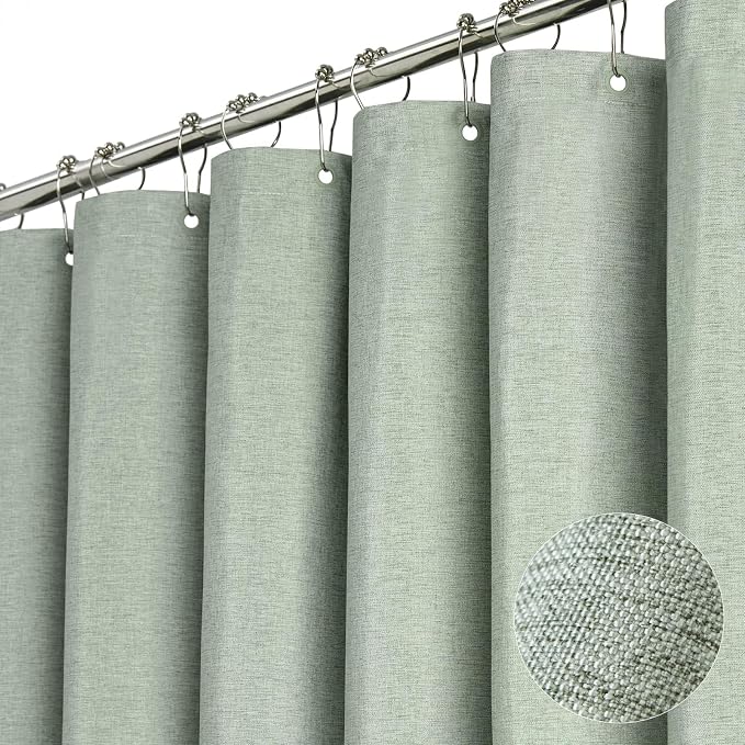 48x72 Linen Textured Waterproof Fabric Shower Curtain Set, Sage Green | Stall Size, 230GSM Polyester, Heavy Duty Cloth, Weighted Hem, 8 Plastic Hooks, Modern Luxury Hotel Style, Machine Washable