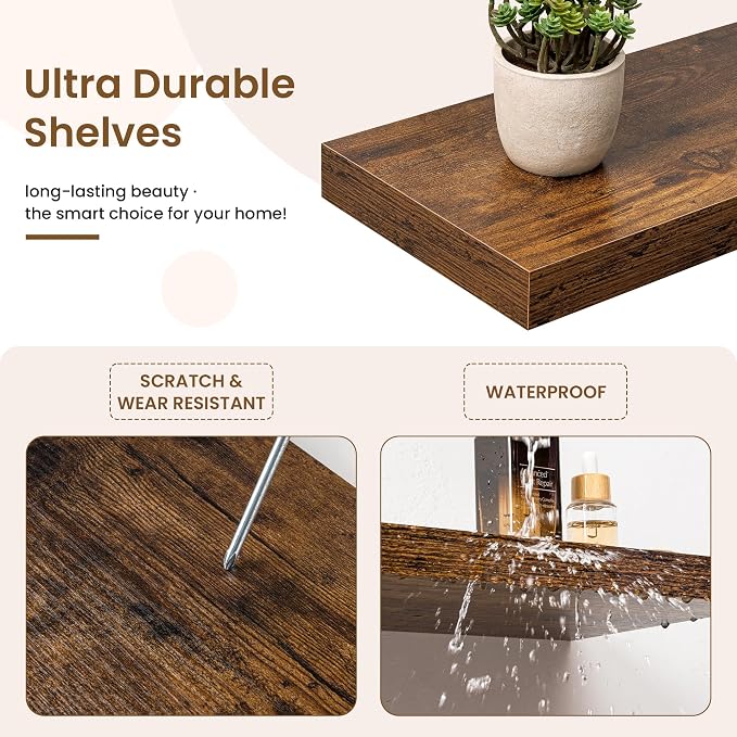 Marsmiles 12in Depth Floating Shelves, 12x12x1.4, Rustic Brown, Set of 3 | Small Wall Mounted Square Shelves, Engineered Wood, Invisible Brackets, Living Room, Bedroom, Bathroom, Kitchen Decor