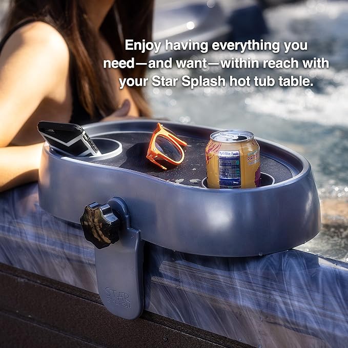 STAR SPLASH Adjustable Hot Tub Table Tray – Heavy-Duty, Nonslip Drink Caddy with Cup Holders - Clamps to Side of Aboveground Bathtub, Spa – Outdoor Patio Accessories and Supplies, 17x10x4 in. | Non-Slip Clamp-On Spa Tray, Rust-Proof Stainless Steel, Ho...