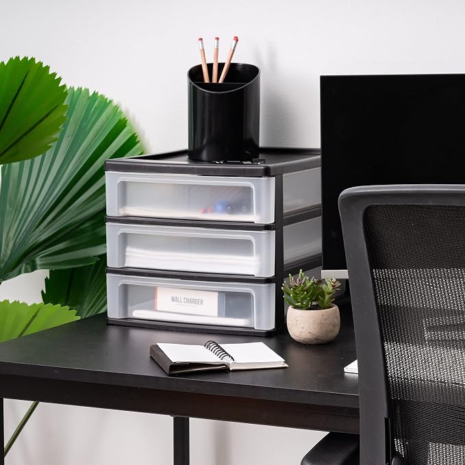 IRIS USA 3-Drawer Medium Plastic Stacking Desktop Organizer, Black | Keep dorm desks organized with drawers for school supplies, makeup, snacks, chargers and everyday college essentials