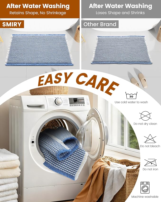 Smiry Waffle Bath Mat 36X24, Soft Absorbent Bathroom Rugs, Blue & Cream | Non Slip Machine Washable Quick Dry Bath Rugs for Bathroom Floor, Tub, Shower, Home Decor Accessories