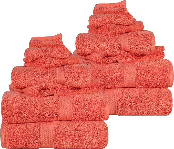 SUPERIOR Egyptian Cotton Ultra Plush & Absorbent, 12 Piece Set, Coral | Heavyweight 12 Pc Egyptian Cotton Towel Set Includes 4 Bath Towels 4 Hand Towels 4 Washcloths Decorative Rope Border