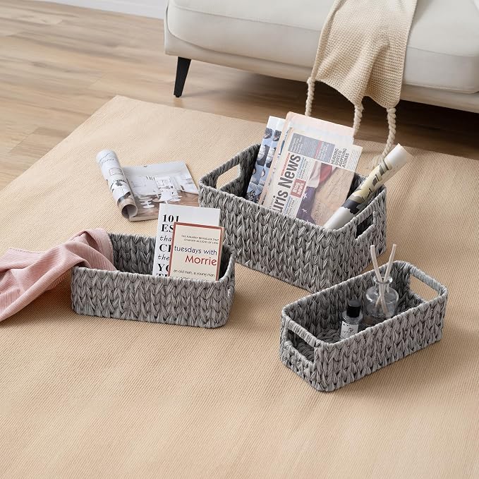GRANNY SAYS Wicker Baskets for Organizing, Storage Baskets for Shelves | Small Woven Storage Baskets for Shelf, Rattan Basket for Organizing, Wicker Basket Set, 3-Pack Small Waterproof Baskets