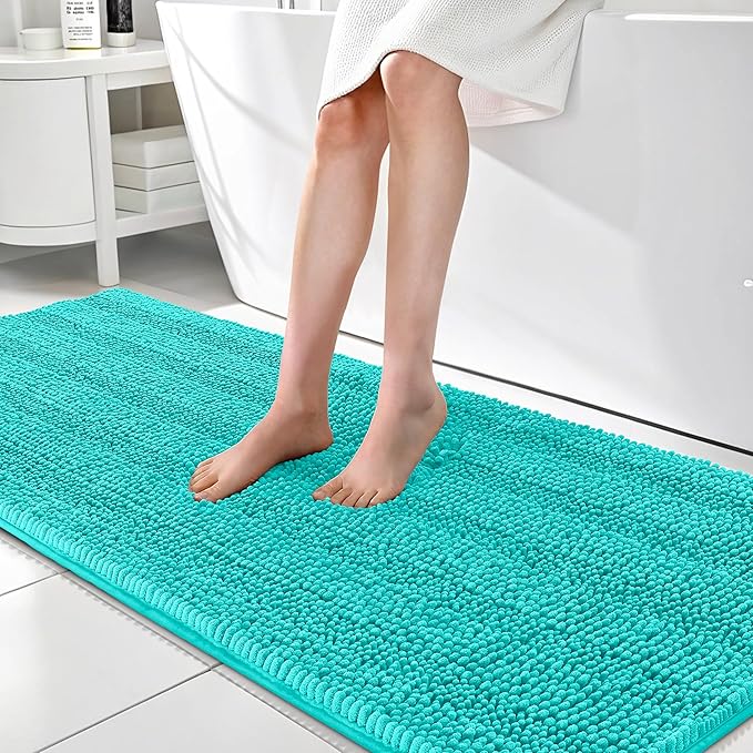 OLANLY Thick Bathroom Runner Rugs 70x24, Soft Chenille Long Bath Rugs, Teal | Absorbent Striped, Rubber Backing, Machine Wash, Bath Mats for Bathroom Floor, Tub and Shower, Home Decor Accessories
