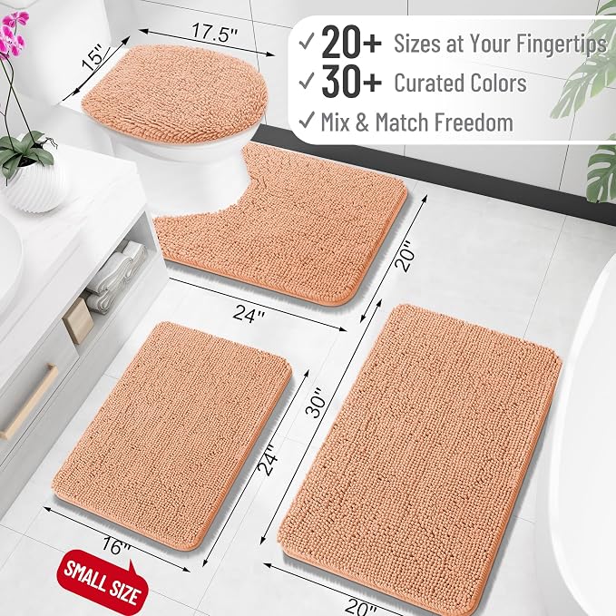 OLANLY Small Bathroom Rugs 24x16, Extra Soft Absorbent Chenille Bath Rugs | Peach, Quick-Drying Rubber Backing, Machine Washable Bath Mat for Bathroom Floor, Tub and Shower, Home Decor Accessories