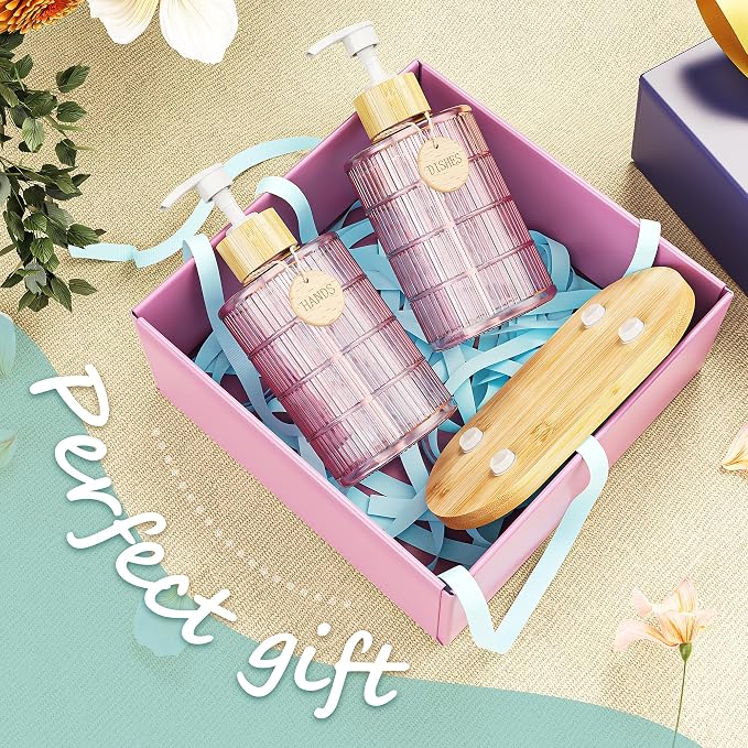 MASADI Soap Dispenser Set with Bamboo Tray, Dish and Hand Soap Lotion Dispenser Set with Wooden Pump for Kitchen and Bathroom Decor for Counter, Modern Vintage Liquid Soap Dispensers (Pink&Bamboo)