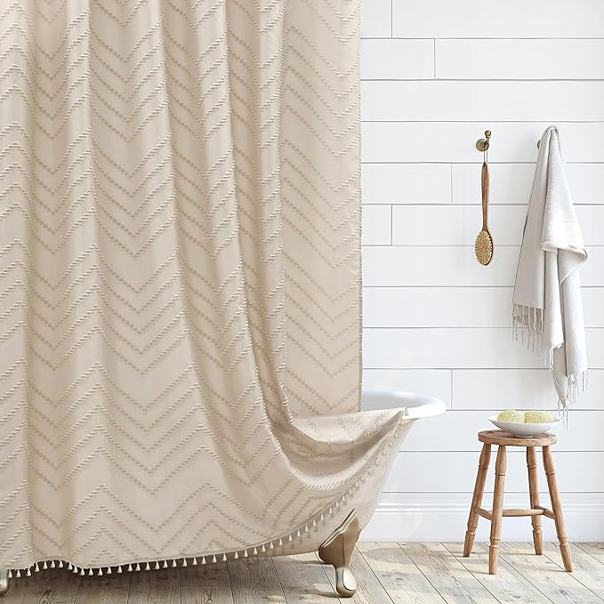 Siiluminisoy Boho Farmhouse Shower Curtain, Woven Fabric Cute Beige, 60 x 72 Tufted Chevron Textured Striped Modern Farmhouse Minimalist