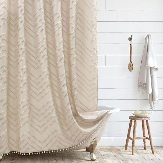 Siiluminisoy Extra Long Boho Shower Curtain, Woven Fabric 84 in Beige Shower Curtain, 72 x 84, Tufted Chevron Striped Modern Chic Textured Minimalist Bathroom