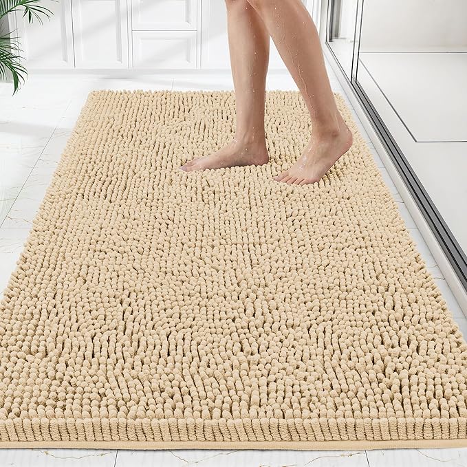 Bathroom Rugs Mat 48 x 24, Thick Soft Absorbent Chenille Bath Rugs, Rubber Backing Bath Mats for Bathroom Floor, Tub, Shower, Bedroom, Home Decor Accessories, Quick Dry Machine Washable, Beige