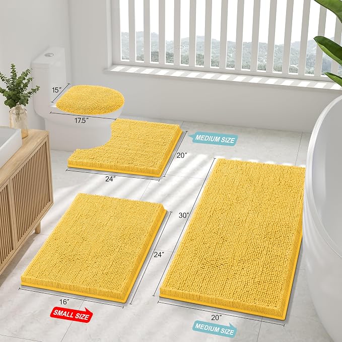 Smiry Bathroom Rugs 47X20, Luxury Chenille Extra Soft Absorbent Bath Mat | Yellow, Machine Washable Non-Slip Plush Bath Mats for Bathroom, Tub, Shower, and Floor, Home Decor