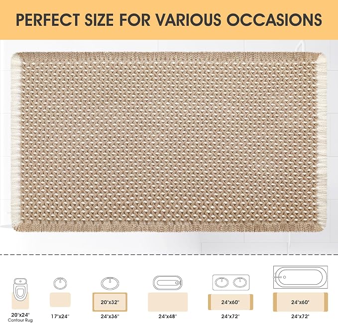 Waffle Bath Mat Beige & White 32"x20", Boho Woven Modern Bath Mat Rugs, Absorbent Non Slip Bathroom Rugs, Soft Washable Bath Rugs with Tassels for Bedroom, Kitchen, Shower, Tub