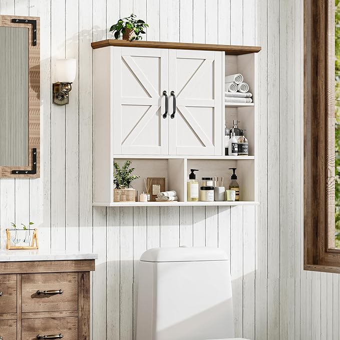 Bathroom Wall Cabinet, Farmhouse Medicine Cabinet with Doors, White & Brown | Over The Toilet Storage Cabinet with Double Barn Door and Adjustable Wood Shelf for Wall Mounted for Bathroom Laundry Kitchen