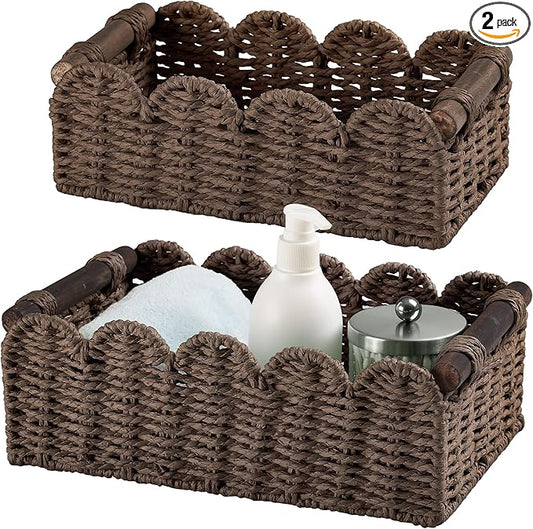 Wicker Baskets for Organizing Toilet Paper Storage Basket | with handle for Bathroom Bedroom Home Farmhouse Decor,Set of 2,Brown