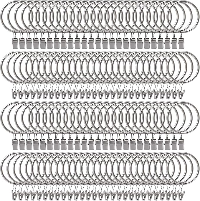 Lansian 100 Pack Curtain Rings with Clips Hooks 1.5 in Diameter Rustproof | Metal Stainless Steel Drapery Rings for Tension Rod Bracket Eyelets Decorative Hanger, Fits 1.38 in Rods, Matte Silver