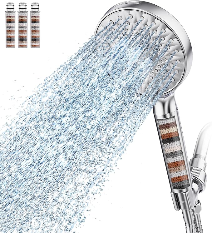 SR SUN RISE Filtered Shower Head with Handheld High Pressure 9 Spray Mode Showerhead Detachable Shower Head Water Softener Filters Beads for Hard Water Remove Chlorine 4 Filters Chrome
