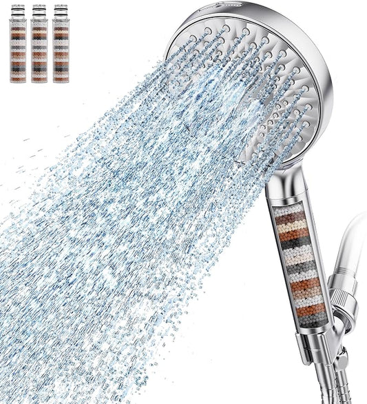 SR SUN RISE Filtered Shower Head with Handheld High Pressure 9 Spray Mode Showerhead Detachable Shower Head Water Softener Filters Beads for Hard Water Remove Chlorine 4 Filters Chrome