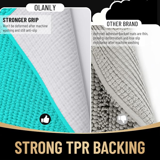 OLANLY Thick Chenille Small Bathroom Rugs 24x16, Absorbent Bath Mat, Teal | Soft Bath Rugs, Rubber Backing, Machine Wash Dry, Bath Mats for Bathroom, Tub and Shower, Home Decor Accessories