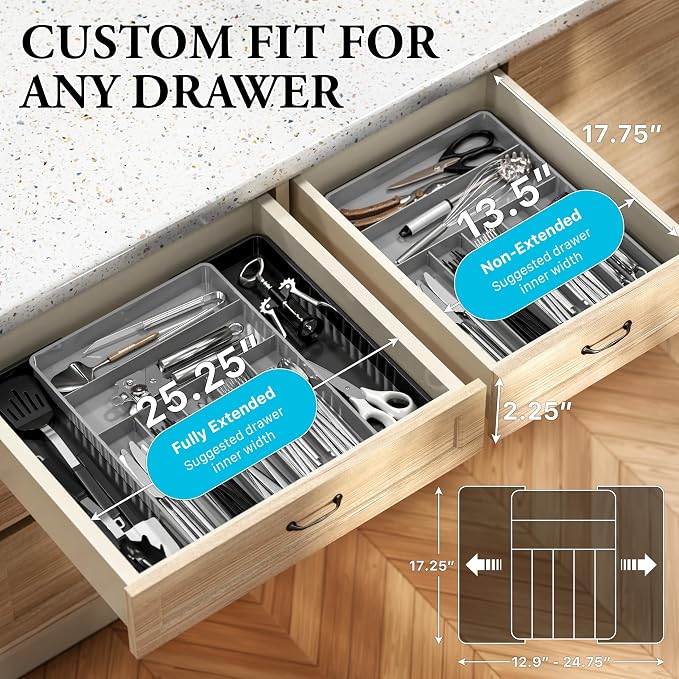 Simple Houseware Expandable Kitchen Drawer Flatware Organizer, Black/Gray | Expandable & Adjustable Cutlery Drawer Organizer - Large Utensil and Flatware Tray for Kitchen Drawers