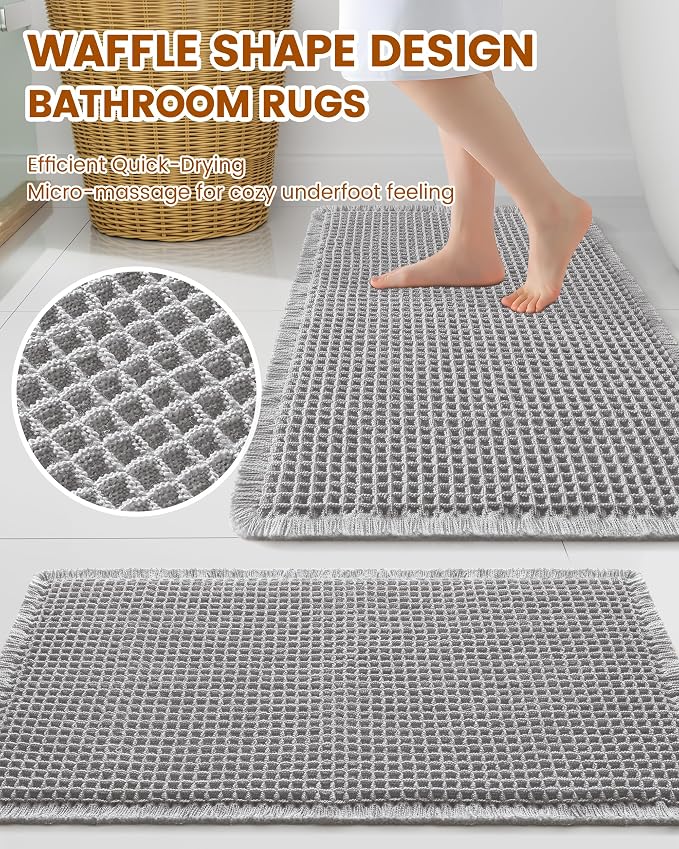 Smiry Waffle Bath Mat 24X16, Extra Soft Absorbent Bathroom Rugs, Light Grey | Non Slip Machine Washable Quick Dry Bath Rugs for Bathroom Floor, Tub, Shower, Home Decor Accessories