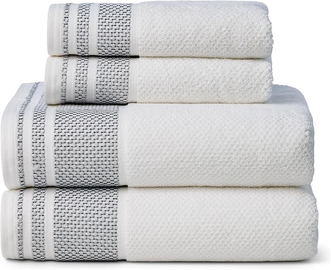Texere 100% Organic Cotton Rice Weave Jacquard 700 GSM Luxury Bath Towel Sets - 2 Large Bath Towels, 2 Hand Towels (Rice Weave, BRT Wht w/Blk, 2 Bath & 2 Hand Towels)