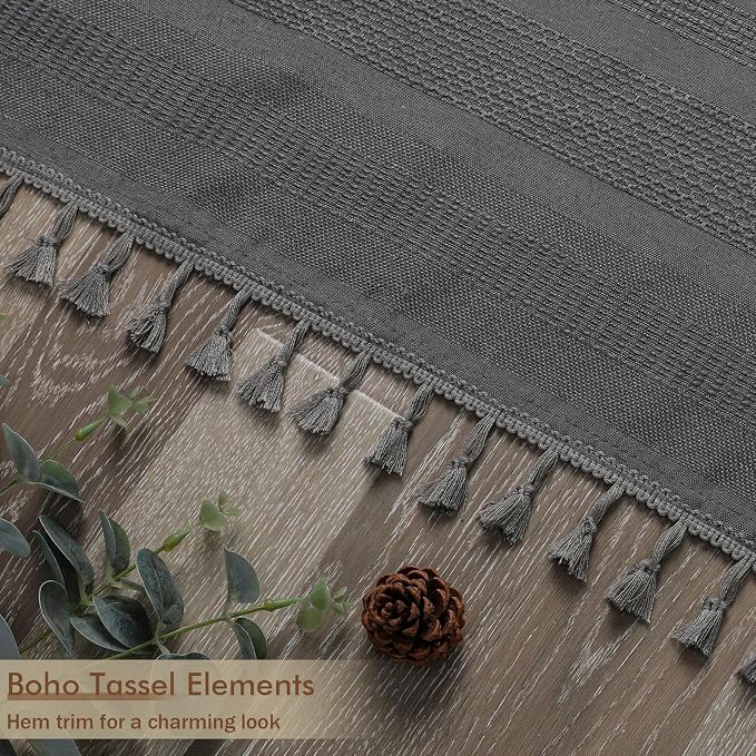Extra Long Charcoal Grey Shower Curtain 96 Inch Long, Boho Chic Textured Soft Fabric Heavy Duty Cloth Bathroom Shower Curtain with Tassel, Tall Farmhouse Luxury Bath Decor, 72Wx96L Inches