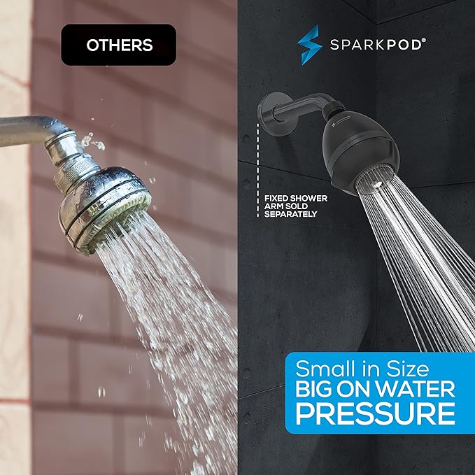 SparkPod High Pressure Shower Head, 3 Inch Fixed Showerhead, Black Matte | Rain, Pulsating & Combo Modes, Helps Boosts Low Water Pressure, Anti-Clog Nozzles, Easy Install