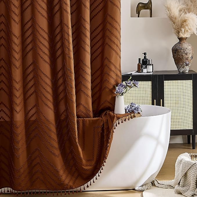 Siiluminisoy Orange Shower Curtain Vintage Boho Shower Curtain Textured Tufted Chevron Rust Shower Curtains for Bathroom 72" x 72"