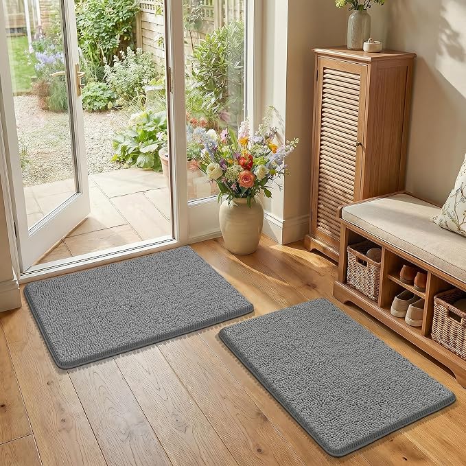 Bcoimo Bath Rug Mat Sets, 2 Piece Extra Soft Chenille Gray Bathroom Mat Set | Non Slip with Rubber BackingBathroom Rug set; Machine Washable;Extra Soft Bath Rug;High Absorbent、Quick Drying Microfiber mat