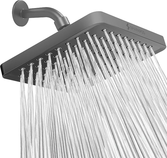 SparkPod Rain Shower Head, 8 Inch Square, Charcoal Grey Finish | High Pressure Shower Heads, 90 Nozzles, Adjustable Showerhead, No Tools Needed, Universal Connection
