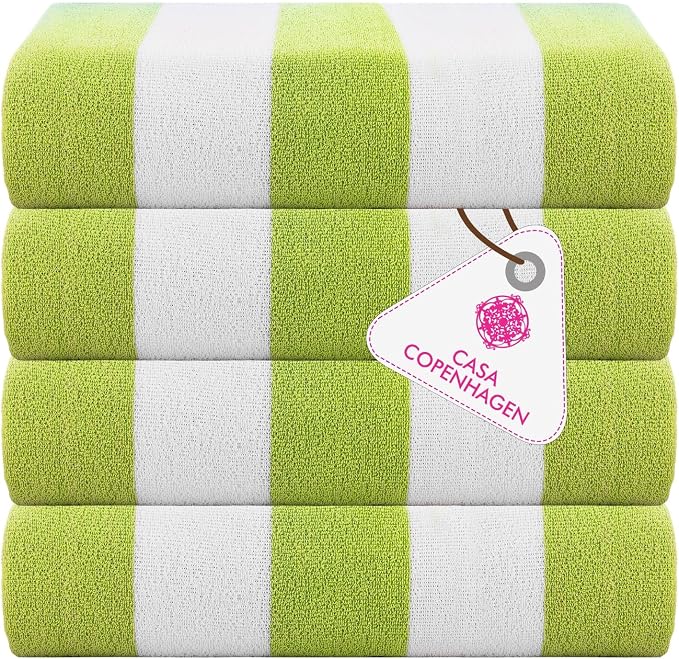 CASA COPENHAGEN Cabana Towel 4Pcs Lime Green Designer Stripe Beach Towels Gift Set, 30"x60" Oversized 100% Cotton Pool Bath Towel for Beach Gift Set (Perfect Summer Gift Set for Women & Men)