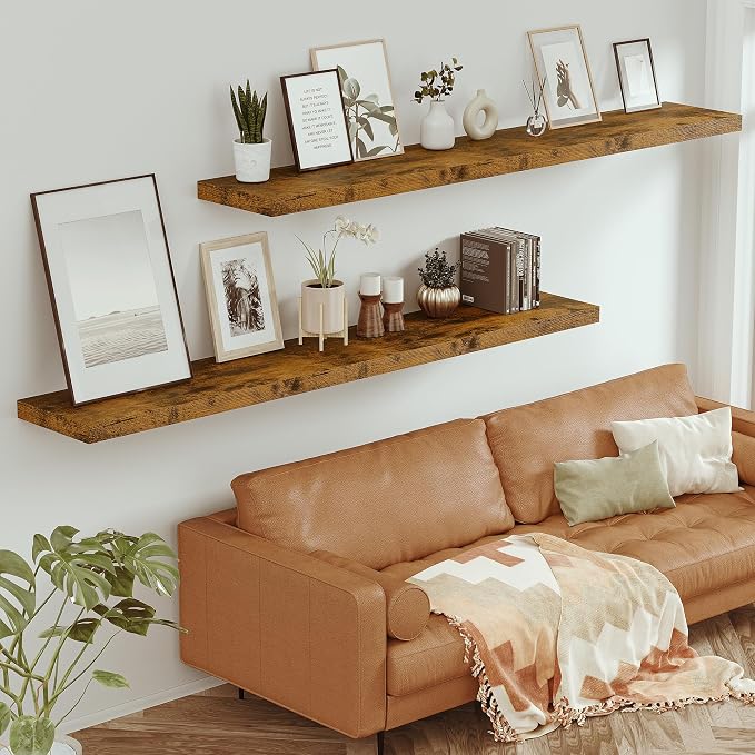 Vivelove Deep Floating Shelves 72x12” Set of 1, Rustic Brown | Easy Install With Hardware, 2" Thick, Invisible Brackets, Wall Mounted, No Sagging, For Any Room
