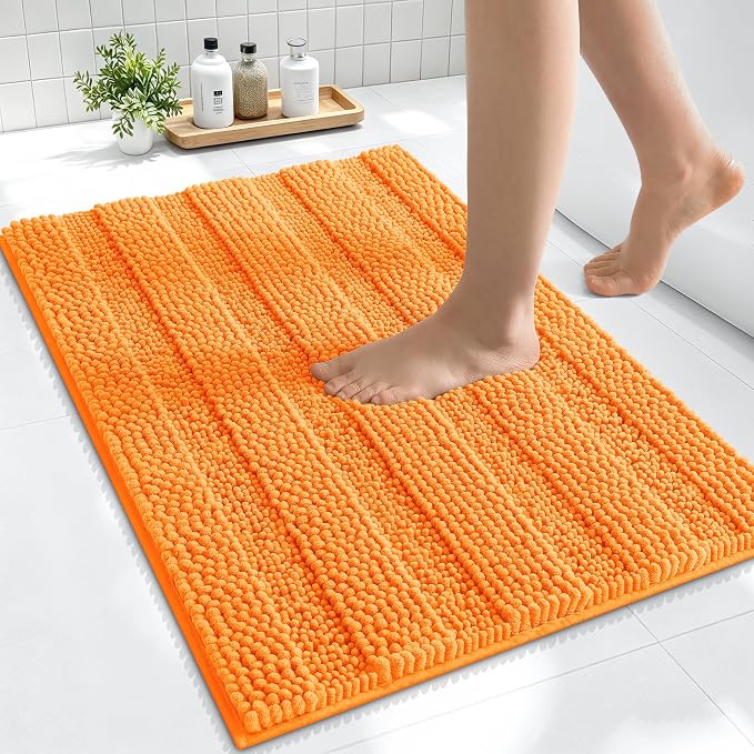Smiry Thick Small Chenille Bathroom Rugs 24x16, Absorbent Bath Mat, Orange | Quick‑Dry & Machine Washable, Non‑Slip Bath Carpet, Soft Striped Bath Rugs for Tub & Shower, Modern Home Decor Accessories
